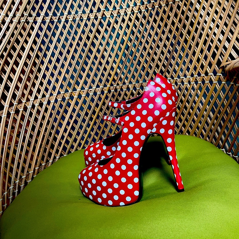 Red and white polka-dot Bordello Teese heels